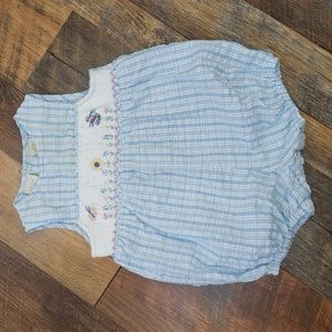 Parisian Bebe Blue and White Plaid Romper with Embroidered Flowers, Size 6-9M